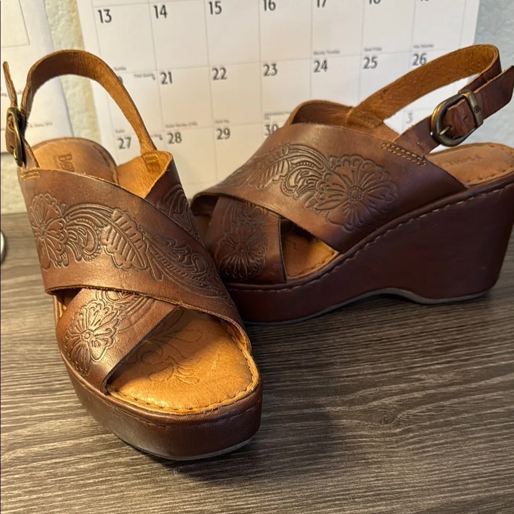 Brown Embossed Leather Platform Sandals - Picture 1 of 4